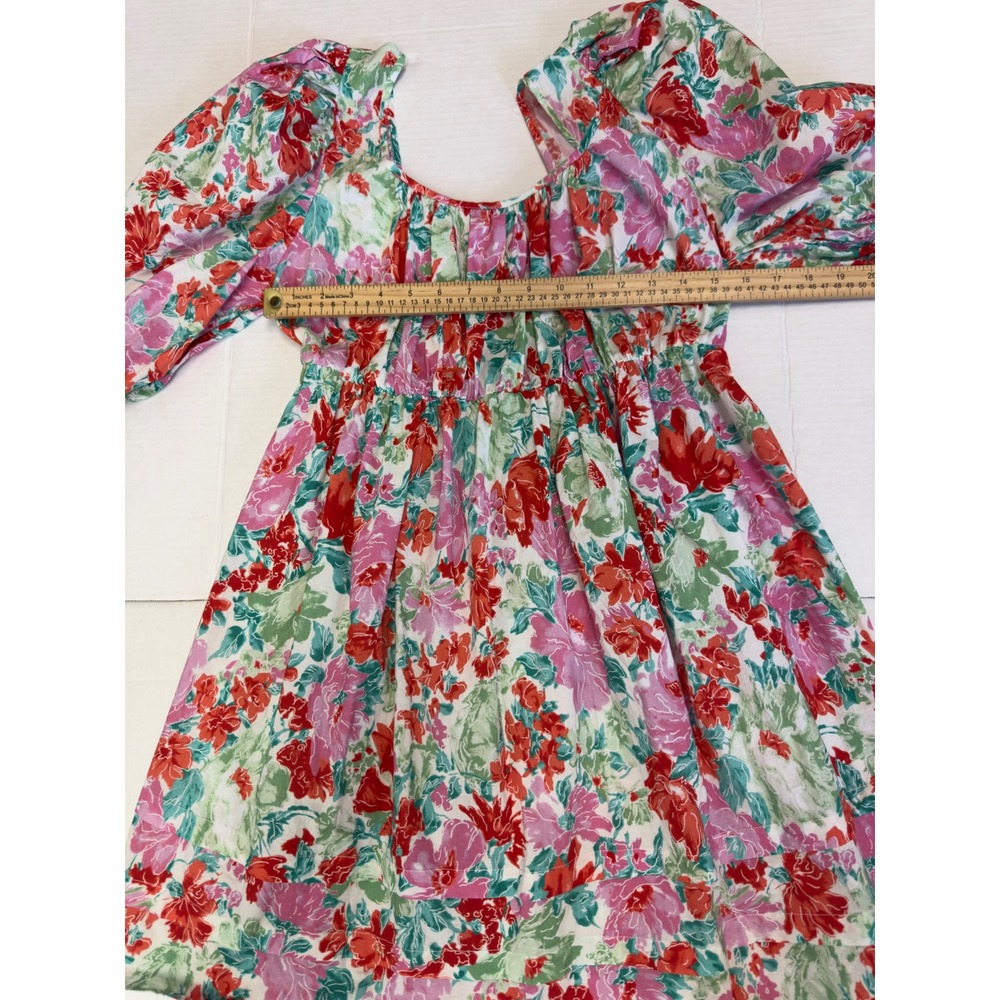 Floral‎ Puff Sleeve Cotton Mini Dress Pink Red Green L Praire Romantic Cottage - Picture 6 of 9